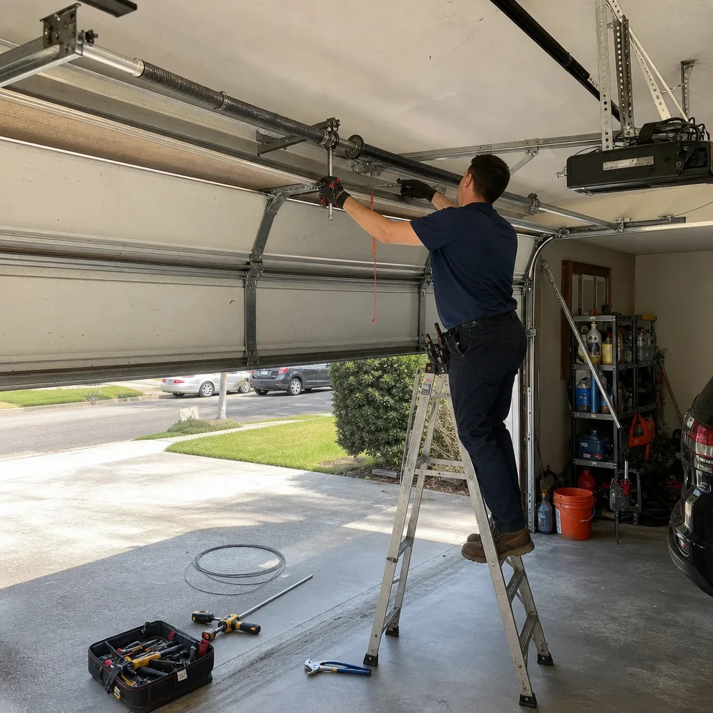 Professional technician performing garage door cable repair on a residential door