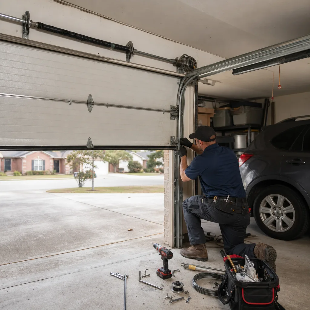 Technician performing professional garage door cable repair on a ladder