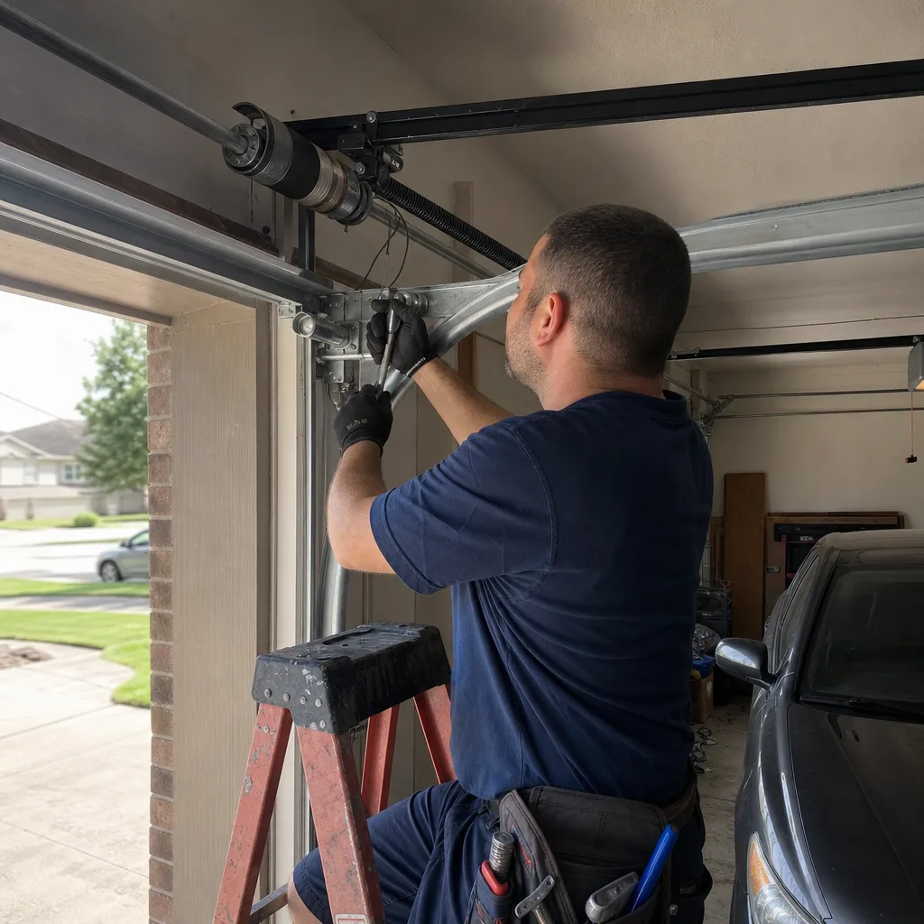 Technician performing professional garage door cable and roller repair