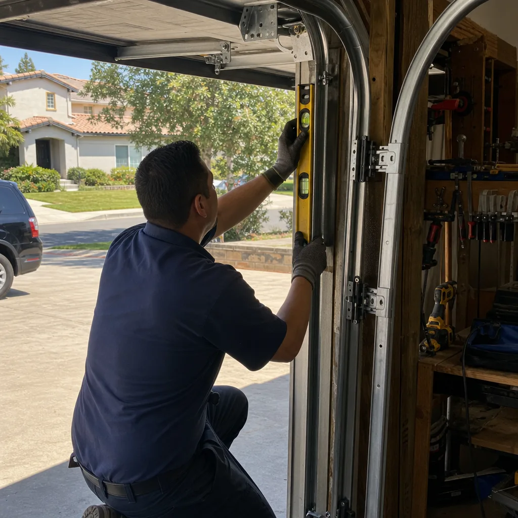 Technician using a level to install garage door tracks