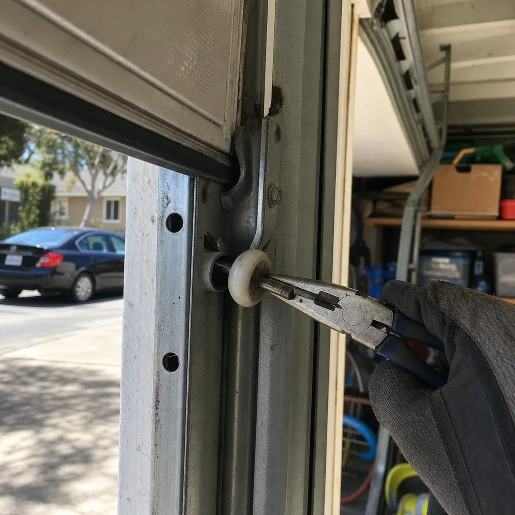Garage door technician repairing a roller in the track